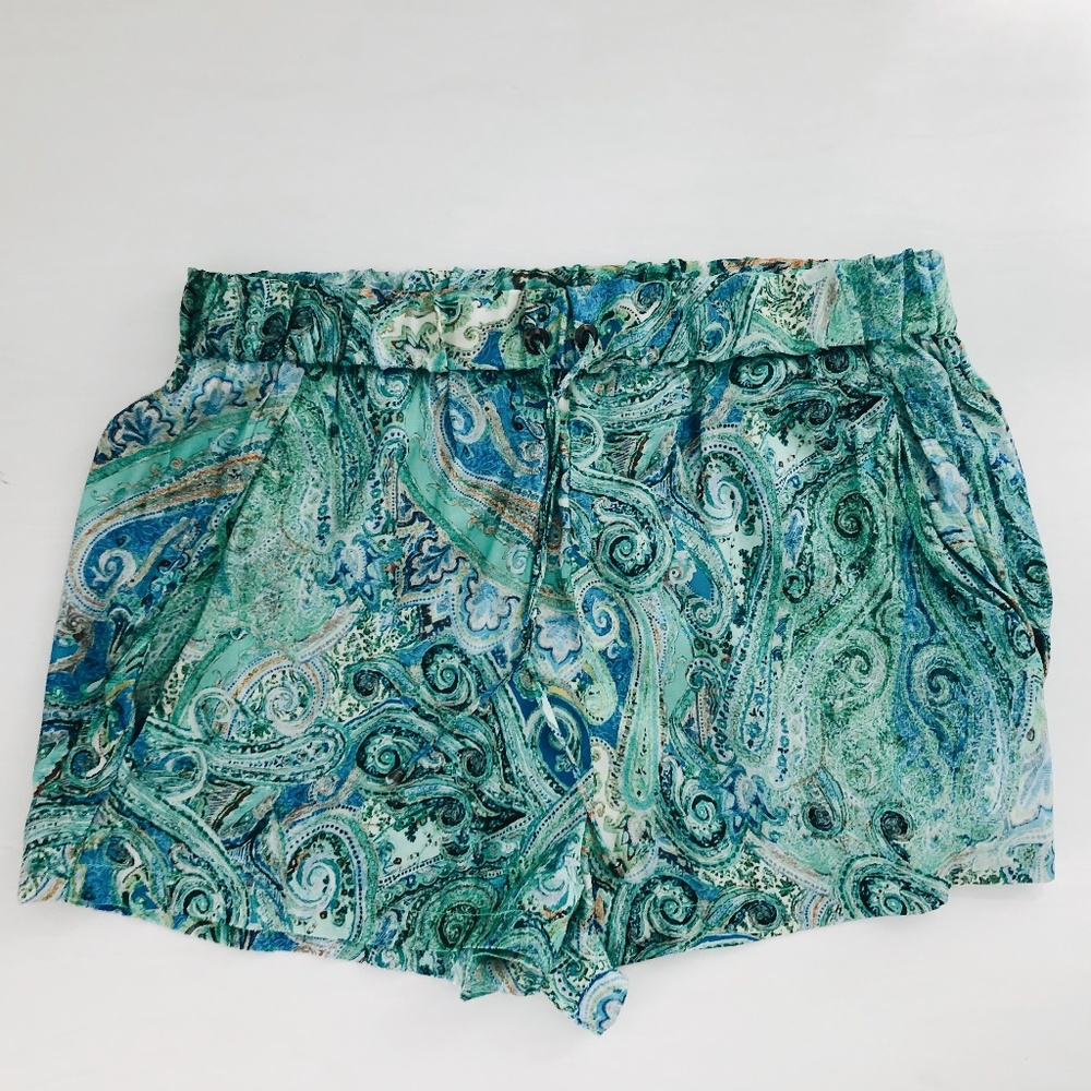 NEVER WORN ZARA GREEN AND BLUE PAISLEY SILK SHORTS